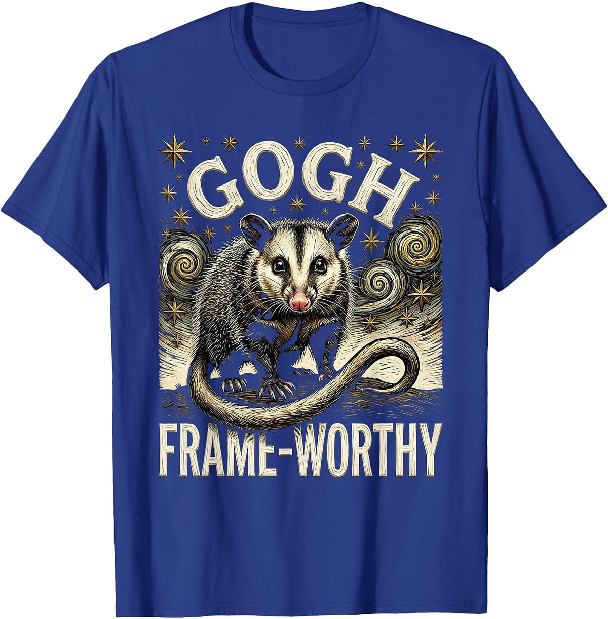 Men's Gogh, Frame-Worthy Woodcut Engraving Opossum Van Gogh Art T-Shirt - Royal Blue