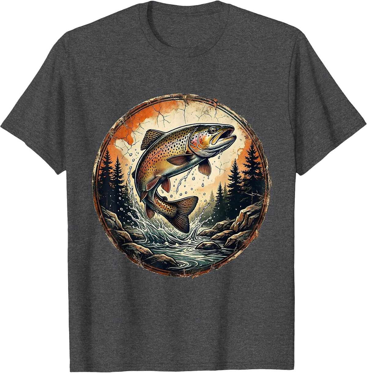 Leaping Brook Trout Forest Stream Fishing Graphic T-Shirt - Dark Heather Grey