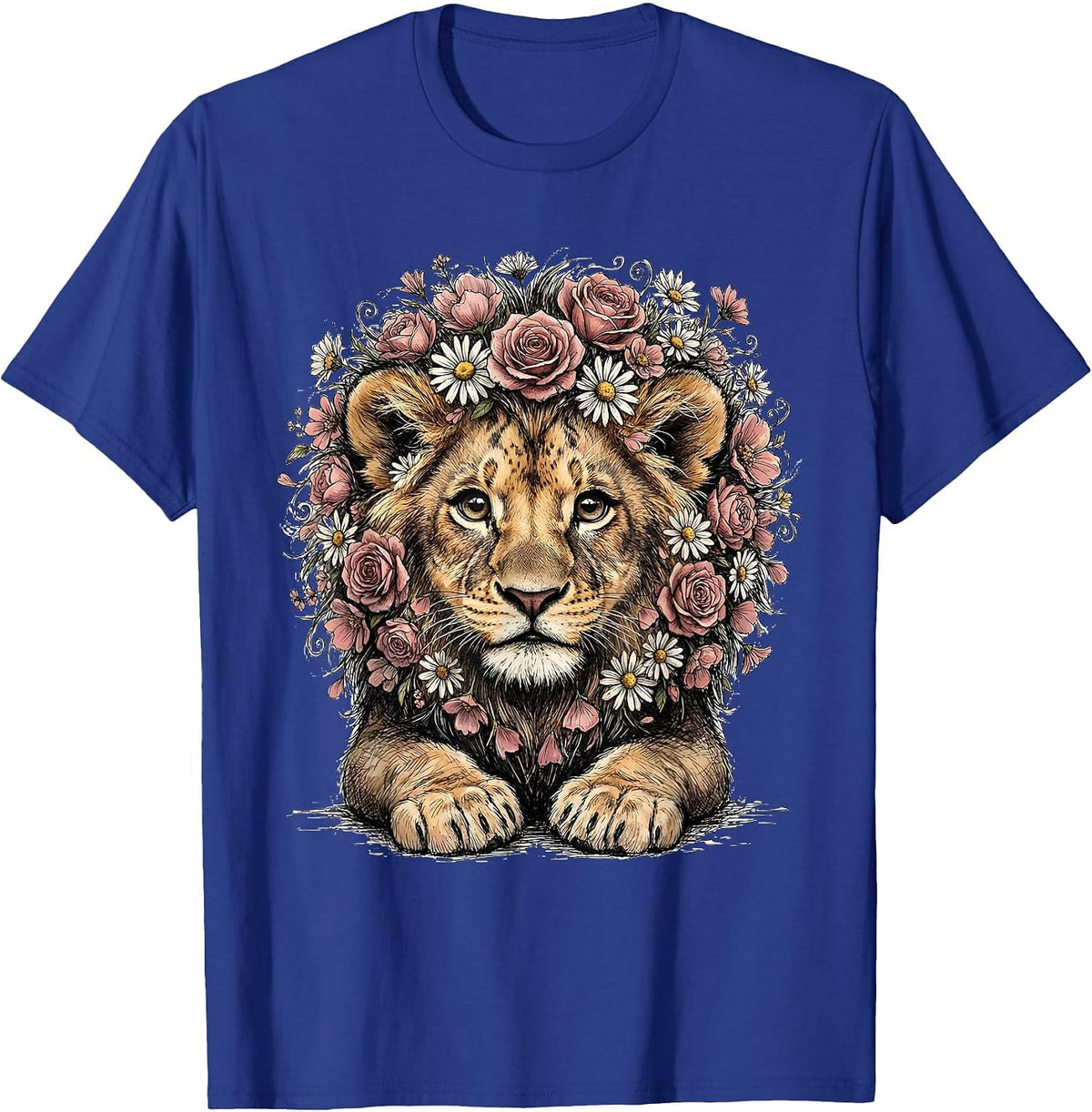 Men's Kids Brave Lion Pink Flower Mane Cancer Awareness T-Shirt - Royal Blue