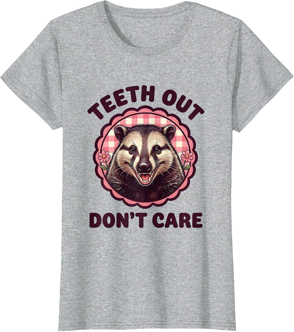 Women's Teeth Out Don't Care Funny Opossum Design T-Shirt - Heather Grey