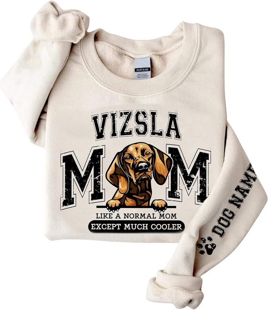Personalized Dog Mom Sweatshirt, Custom Pet Name on Sleeve, Dog Lover Crewneck, Pet Memorial Gifts - Vizsla
