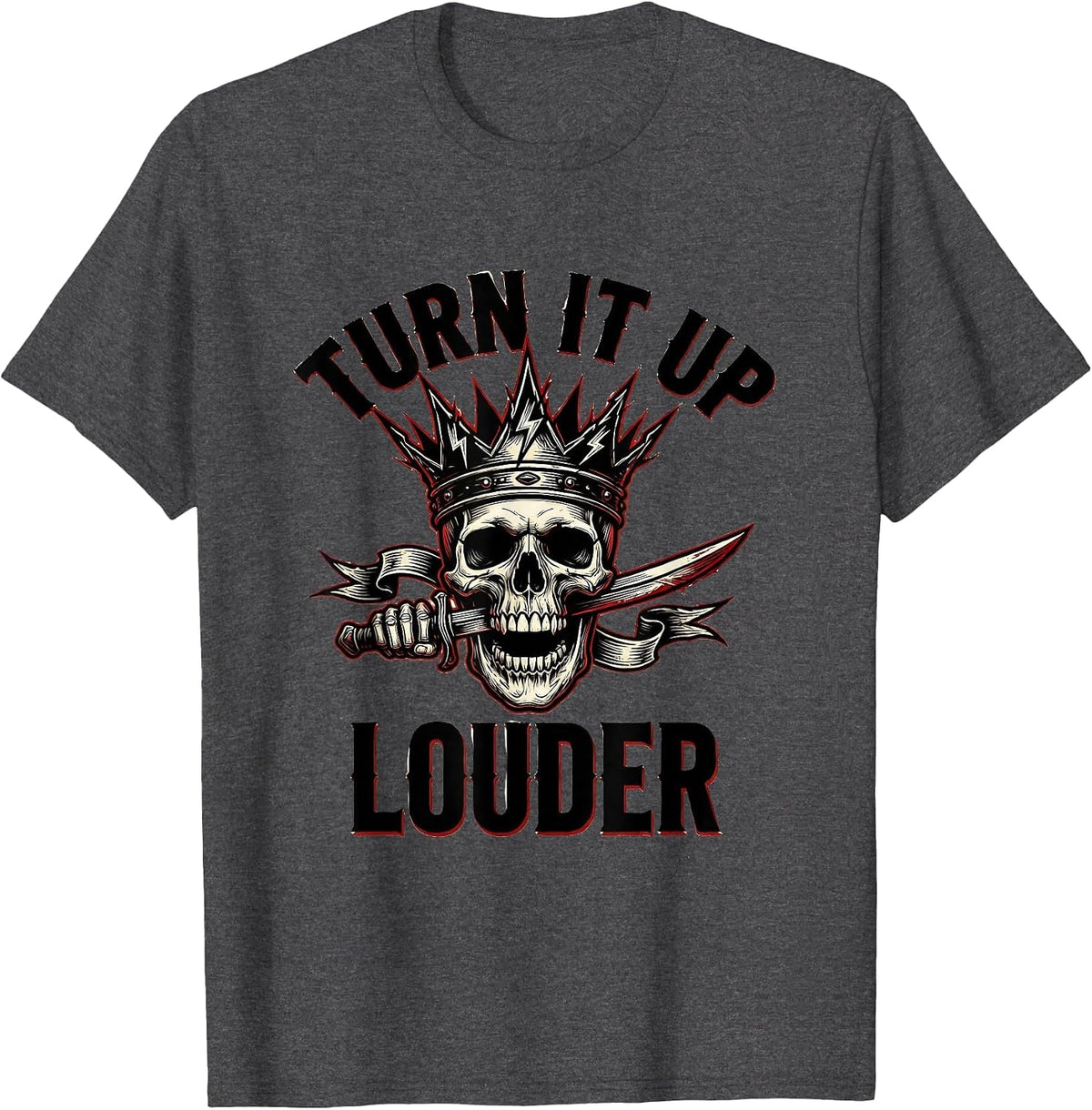Turn It Up Louder Heavy Metal Graphic Design T-Shirt - Dark Heather Grey