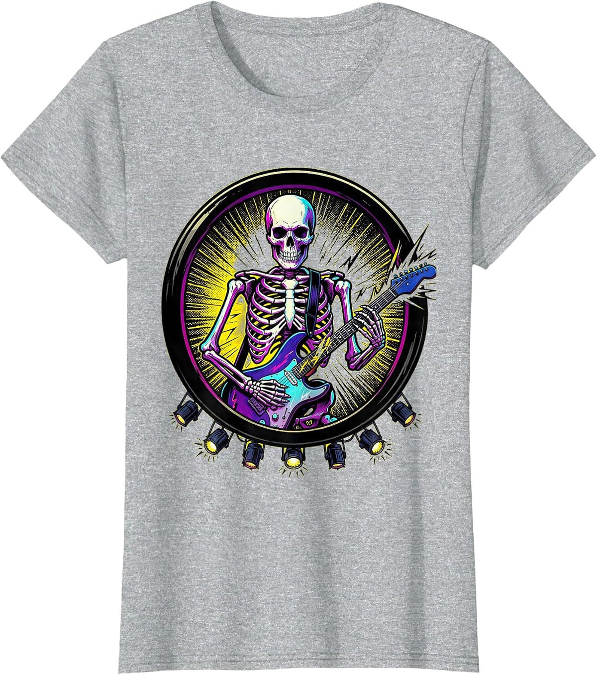 Skeleton Guitarist Rock Stage 80s Band Graphic T-Shirt - Heather Grey