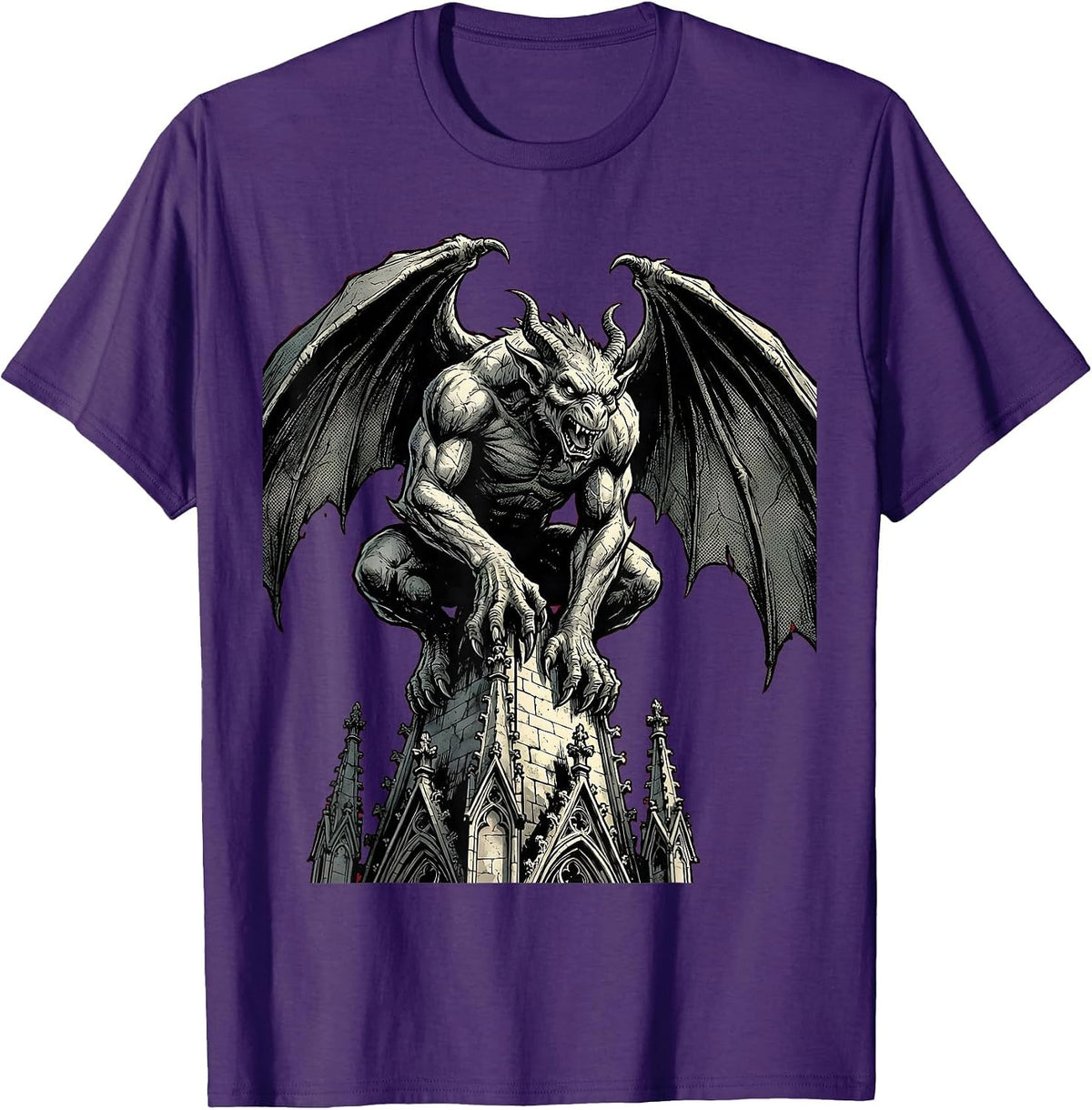 Gargoyle Gothic Cathedral Spire Heavy Metal Art T-Shirt - Purple
