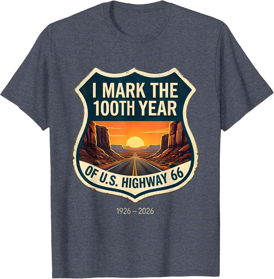 I Mark The 100th Year Of U.S. Highway 66, 1926-2026 Vintage T-Shirt - Heather Blue