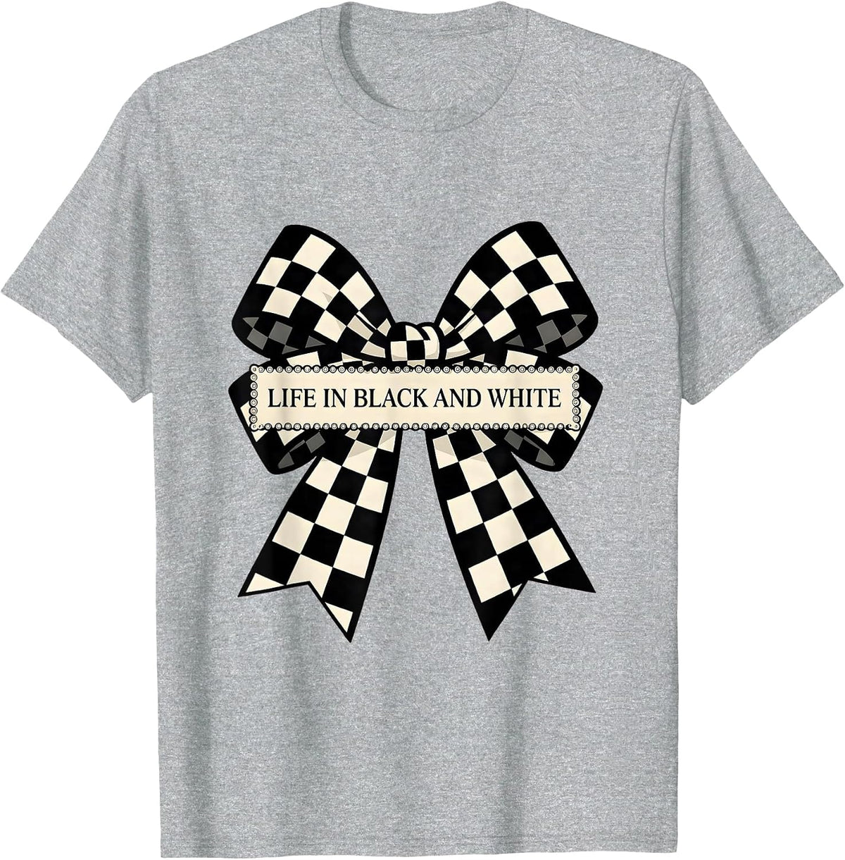 Men's Life in Black and White Checkered Design T-Shirt - Heather Grey
