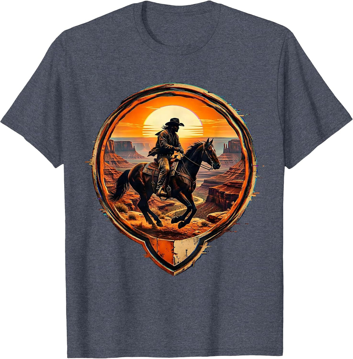 Cowboy Riding Horse Through Canyon at Sunset T-Shirt - Heather Blue