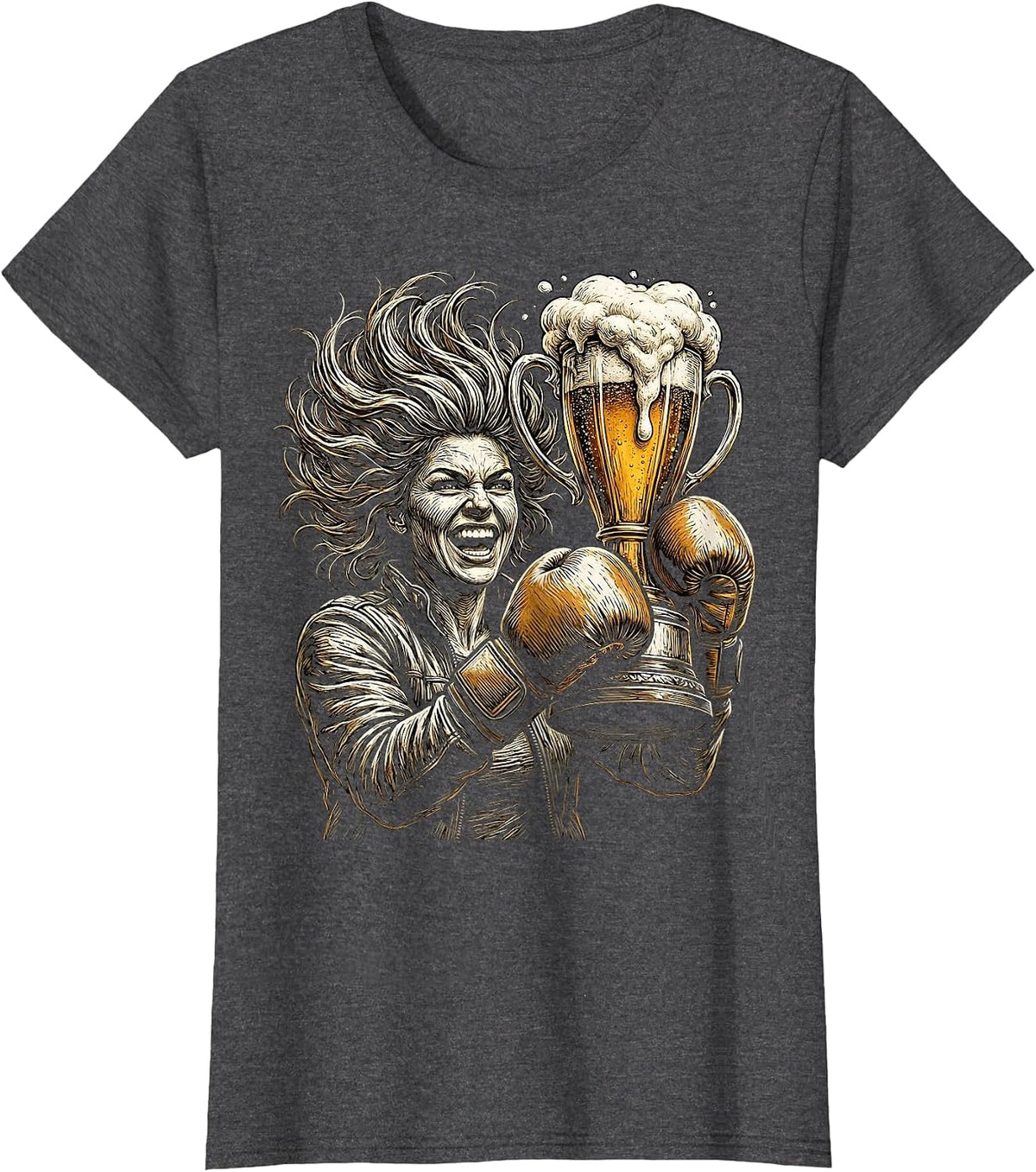 Women's Beer Trophy Boxing Gloves Champion Graphic T-Shirt - Dark Heather Grey