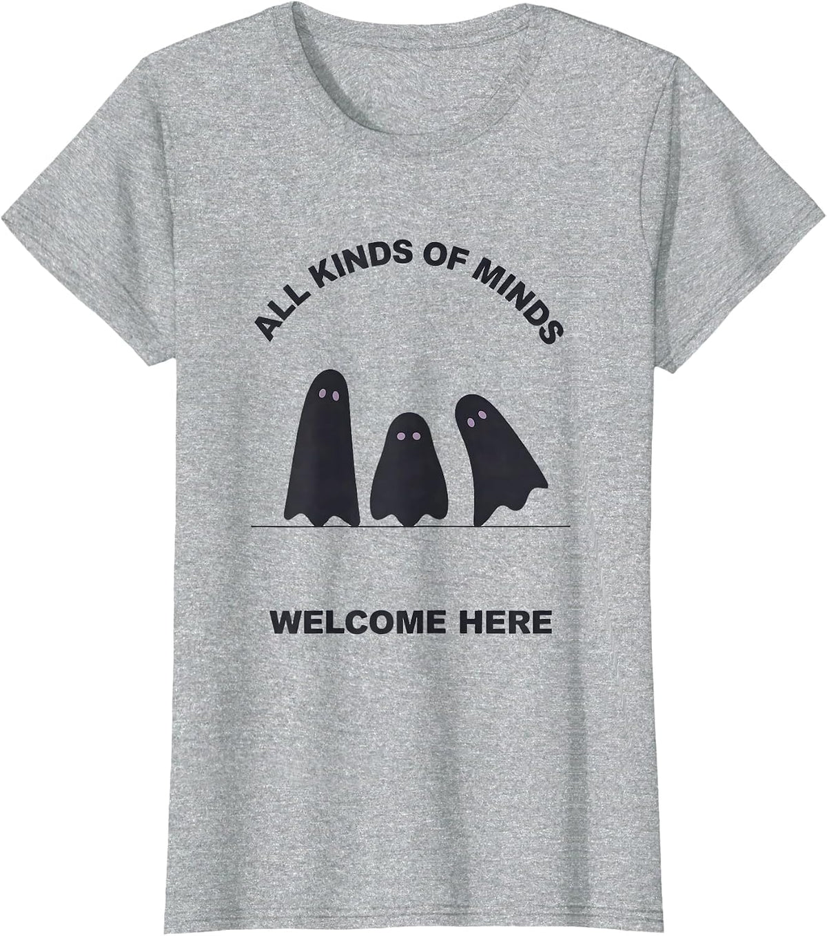 All Kinds Of Minds Welcome Here Minimalist Ghost Halloween T-Shirt - Heather Grey