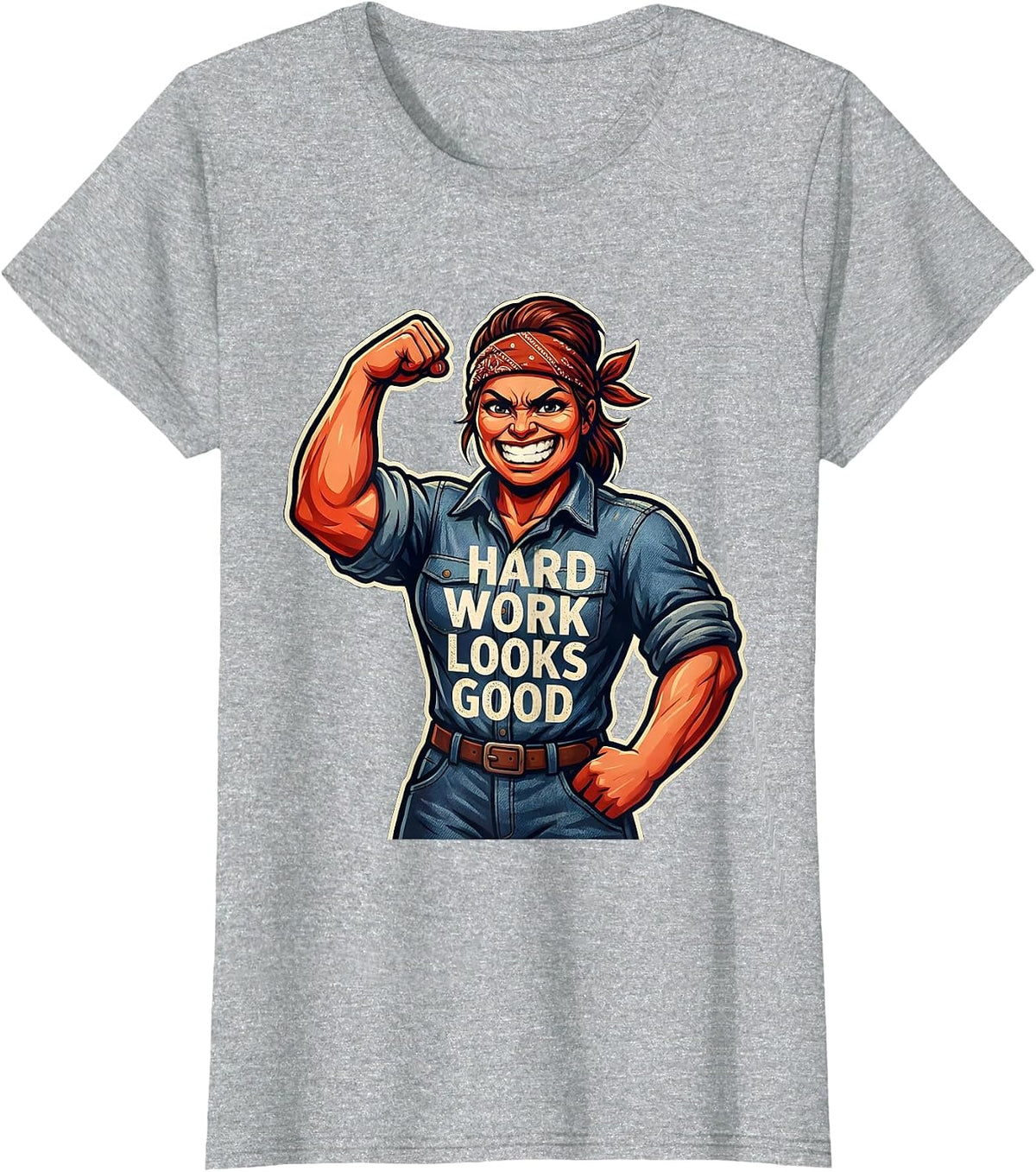 Hard Work Looks Good Rosie The Riveter Design T-Shirt - Heather Grey