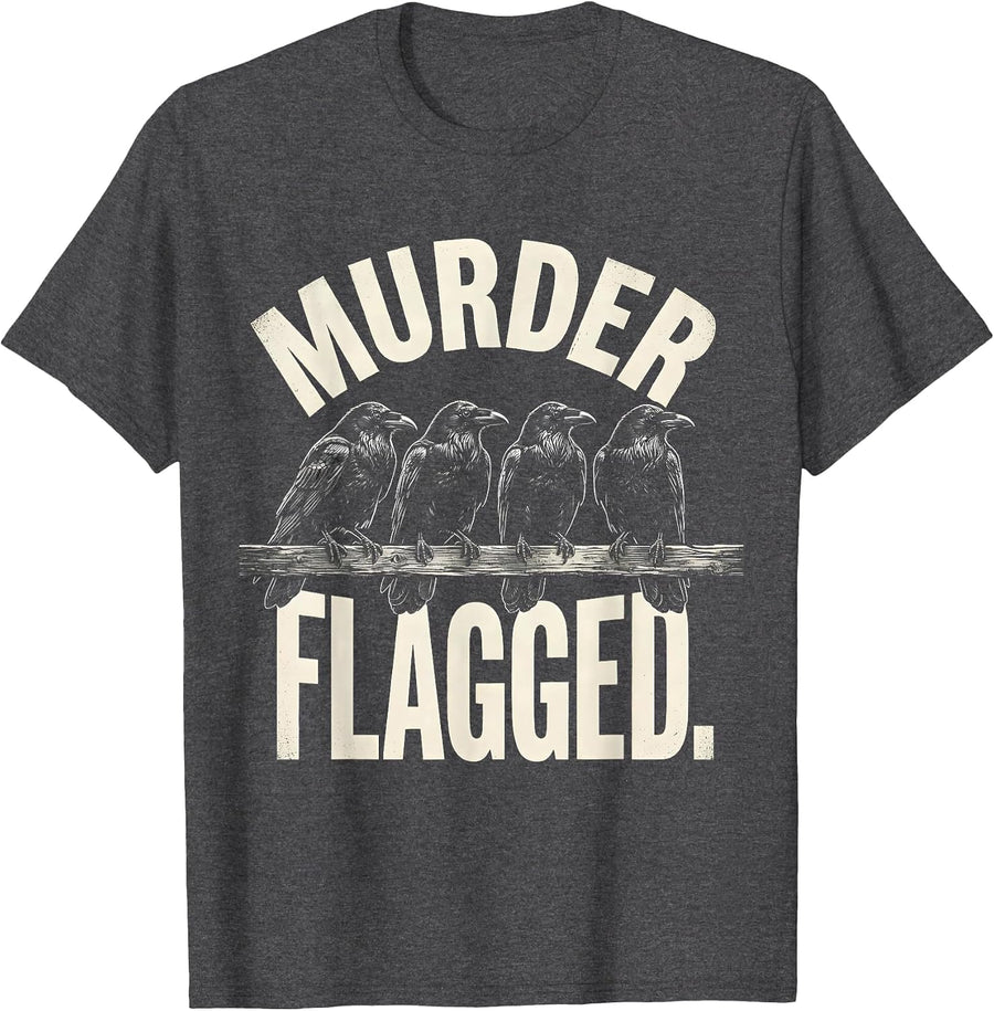 Men's MURDER FLAGGED Scratchboard Dark Humor Crow Lover Gothic T-Shirt - Dark Heather Grey
