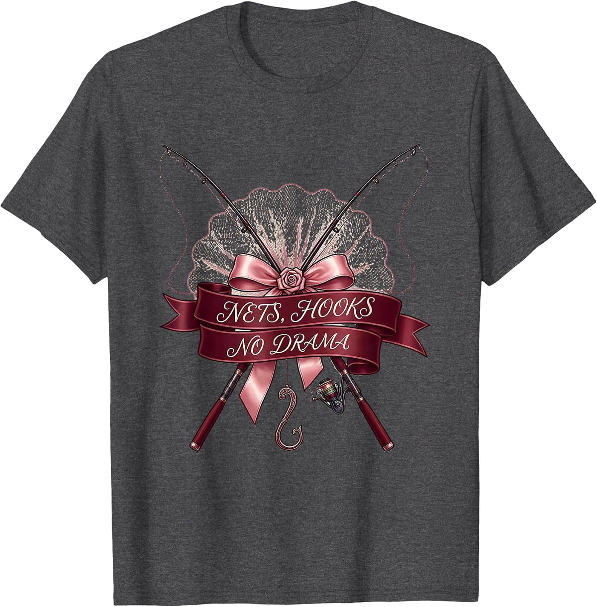 Men's Nets Hooks No Drama Fishing Design T-Shirt - Dark Heather Grey