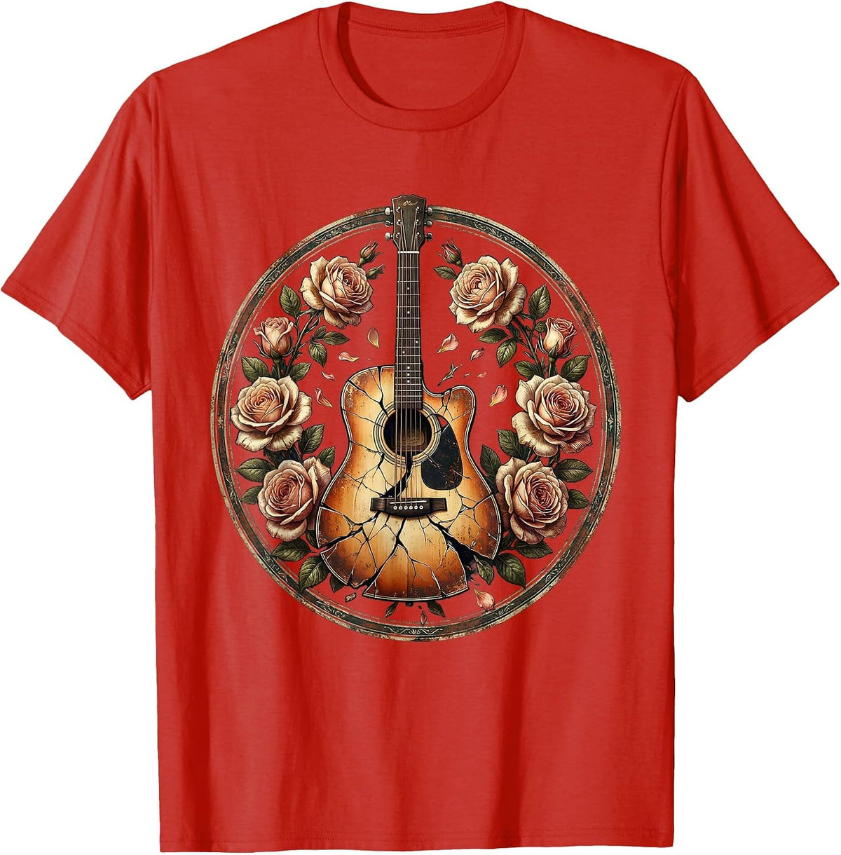 Men's Broken Guitar Floral Band Music Graphic T-Shirt - Red