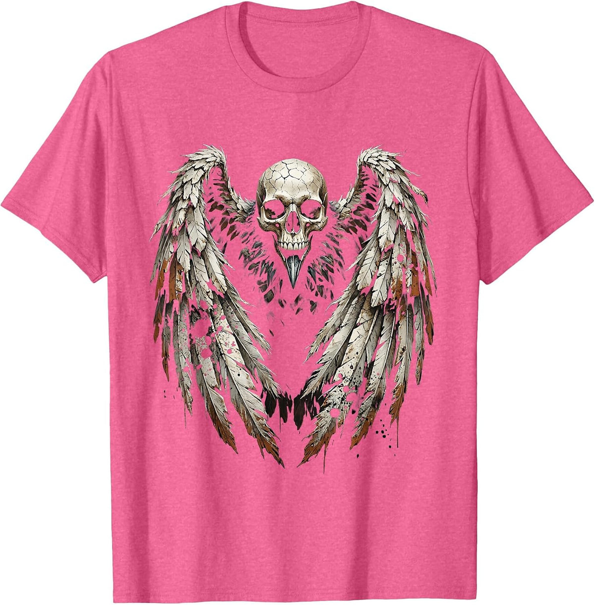 Crow Skull Spread Wings Dark Gothic Illustration T-Shirt - Pink Heather