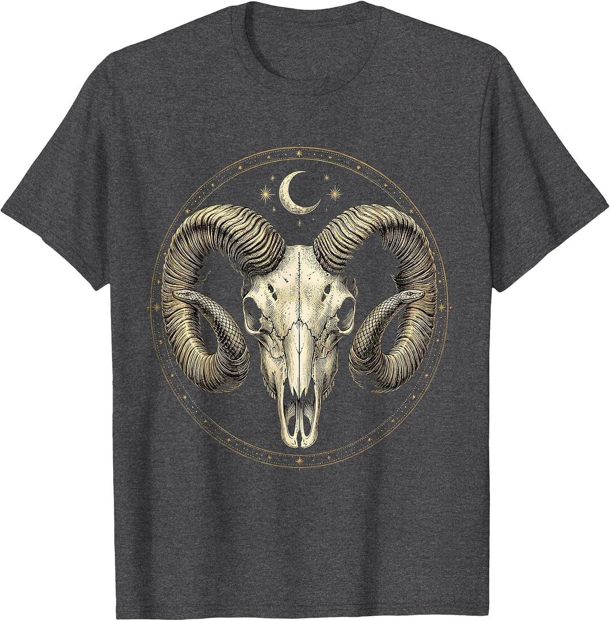 Massive Ram Skull Curling Horns Metal Graphic T-Shirt - Dark Heather Grey