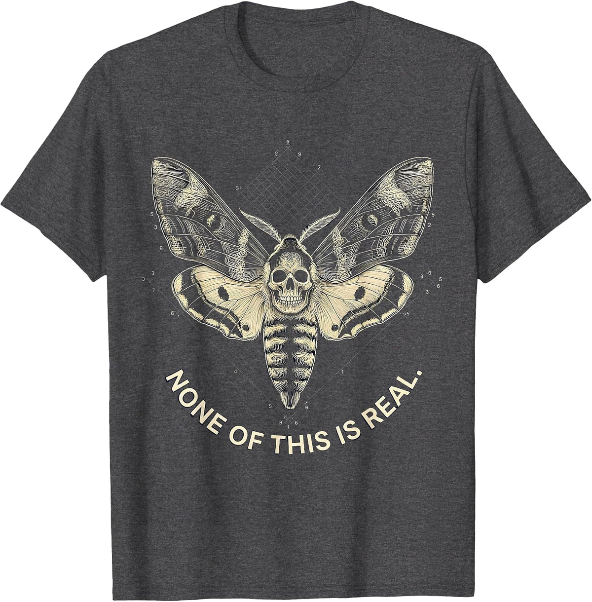 None Of This Is Real Deaths-Head Moth Topographic Horror T-Shirt - Dark Heather Grey