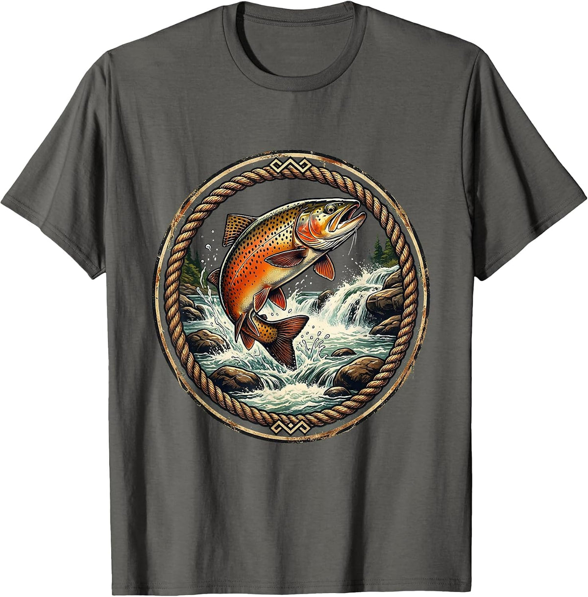 Trout Upstream Wild River Rapids Fishing Design T-Shirt - Asphalt Grey