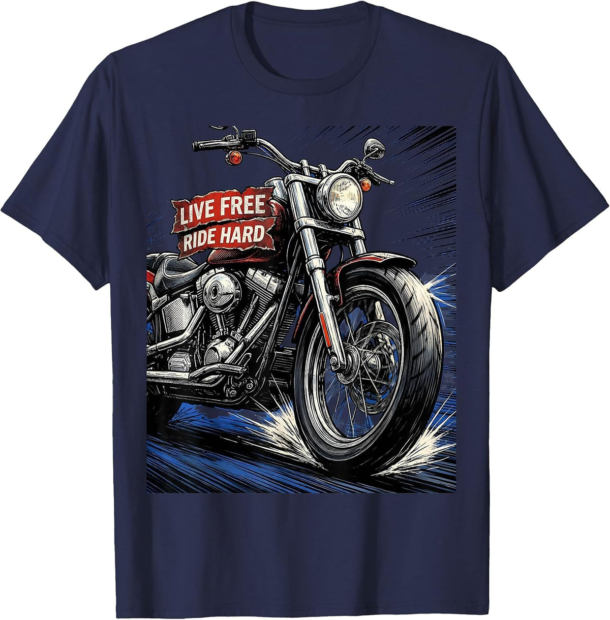 Live Free Ride Hard Biker Graphic Design T-Shirt - Navy Blue