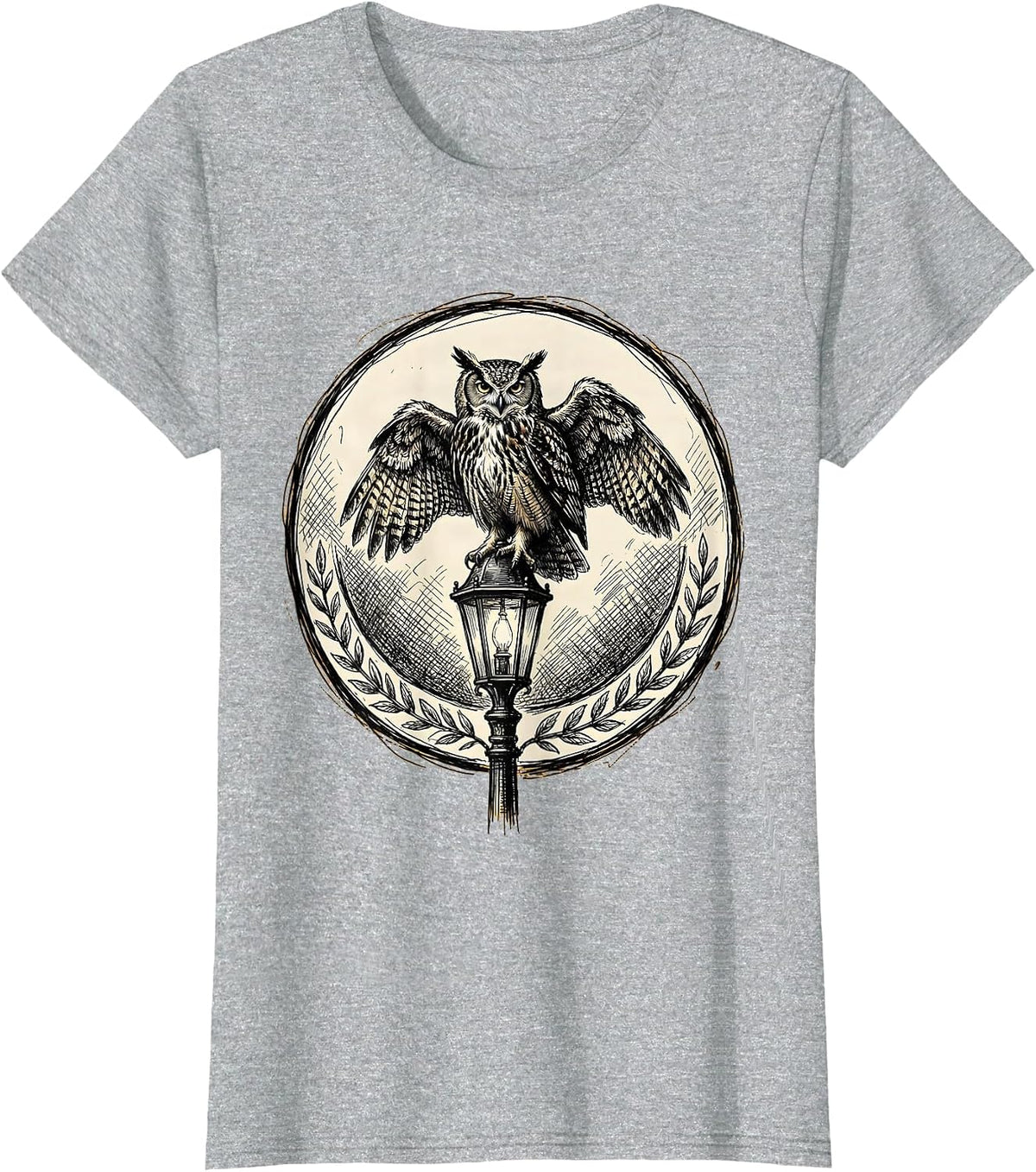 Owl on Library Lamp Post College Campus Art T-Shirt - Heather Grey