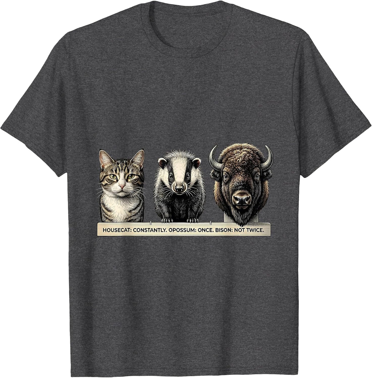 Men's Housecat: Constantly. Opossum: Once. Bison: Not Twice. T-Shirt - Dark Heather Grey