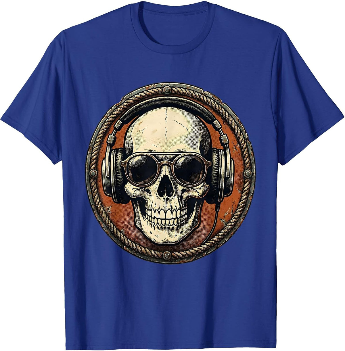 Cool Skull Oversized Sunglasses Headphones Graphic T-Shirt - Royal Blue