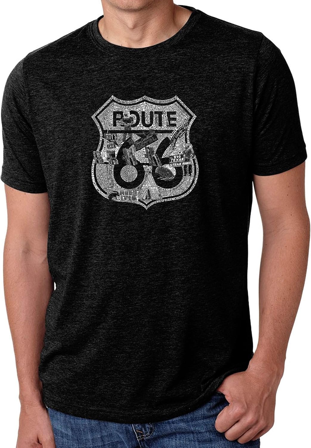 LA POP ART Men's Premium Blend Word Art T-Shirt - Stops Along Route 66 - Black