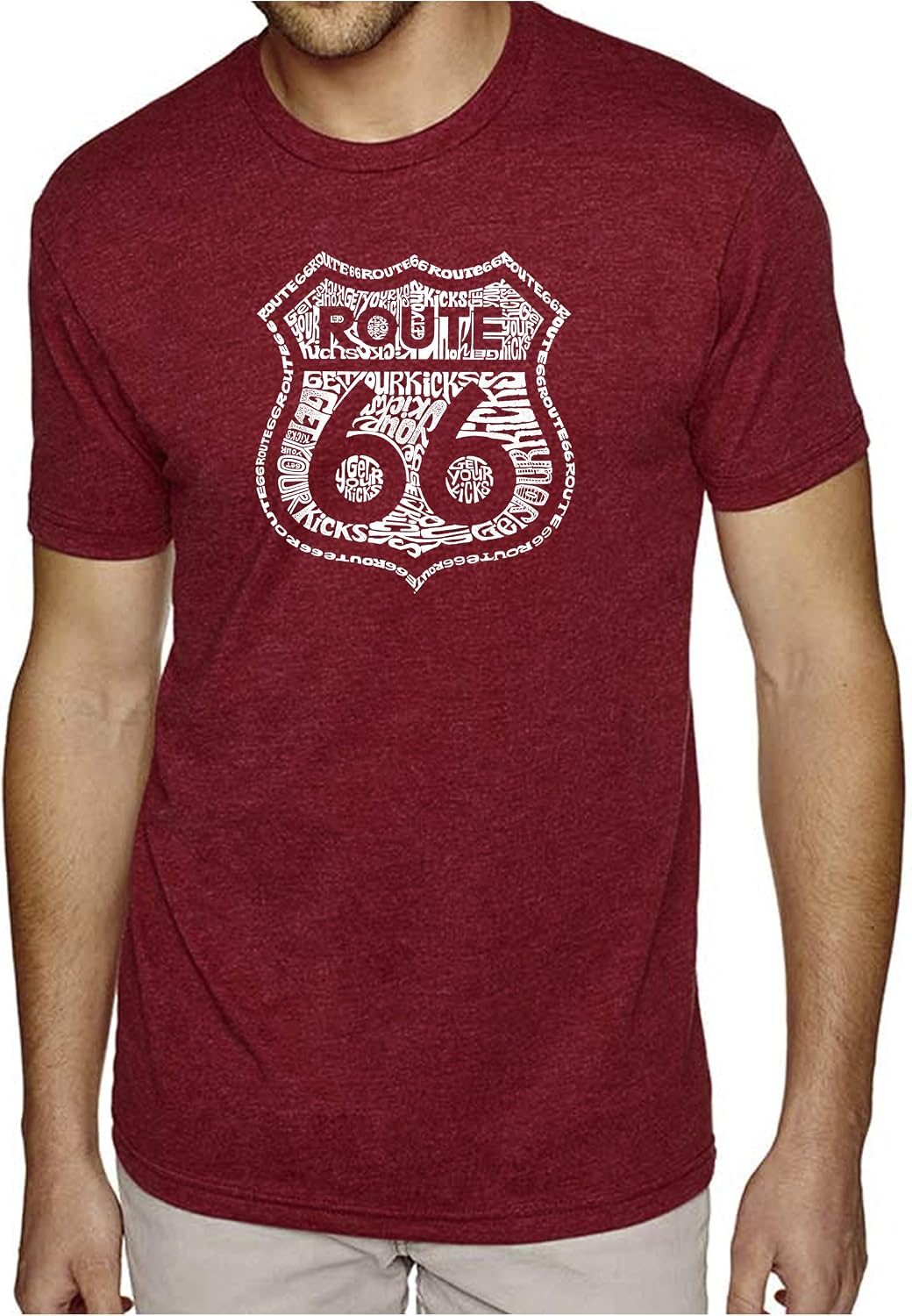 LA POP ART Men's Premium Blend Word Art T-Shirt - Get Your Kicks on Route 66 - Burgundy