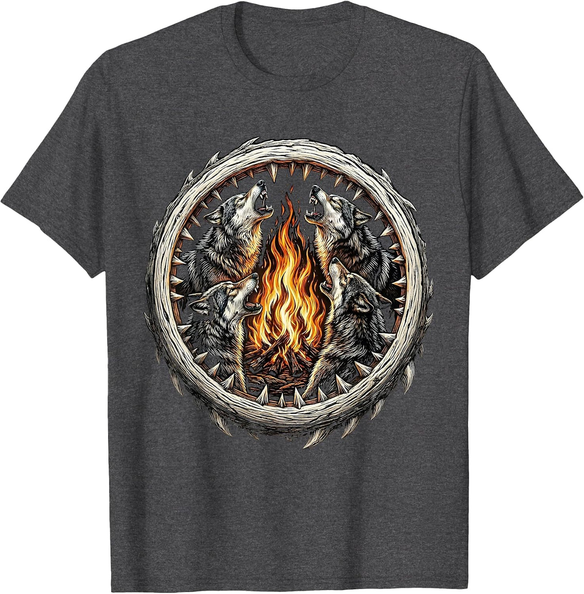 Wolves Howling Bonfire Heavy Metal Graphic T-Shirt - Dark Heather Grey