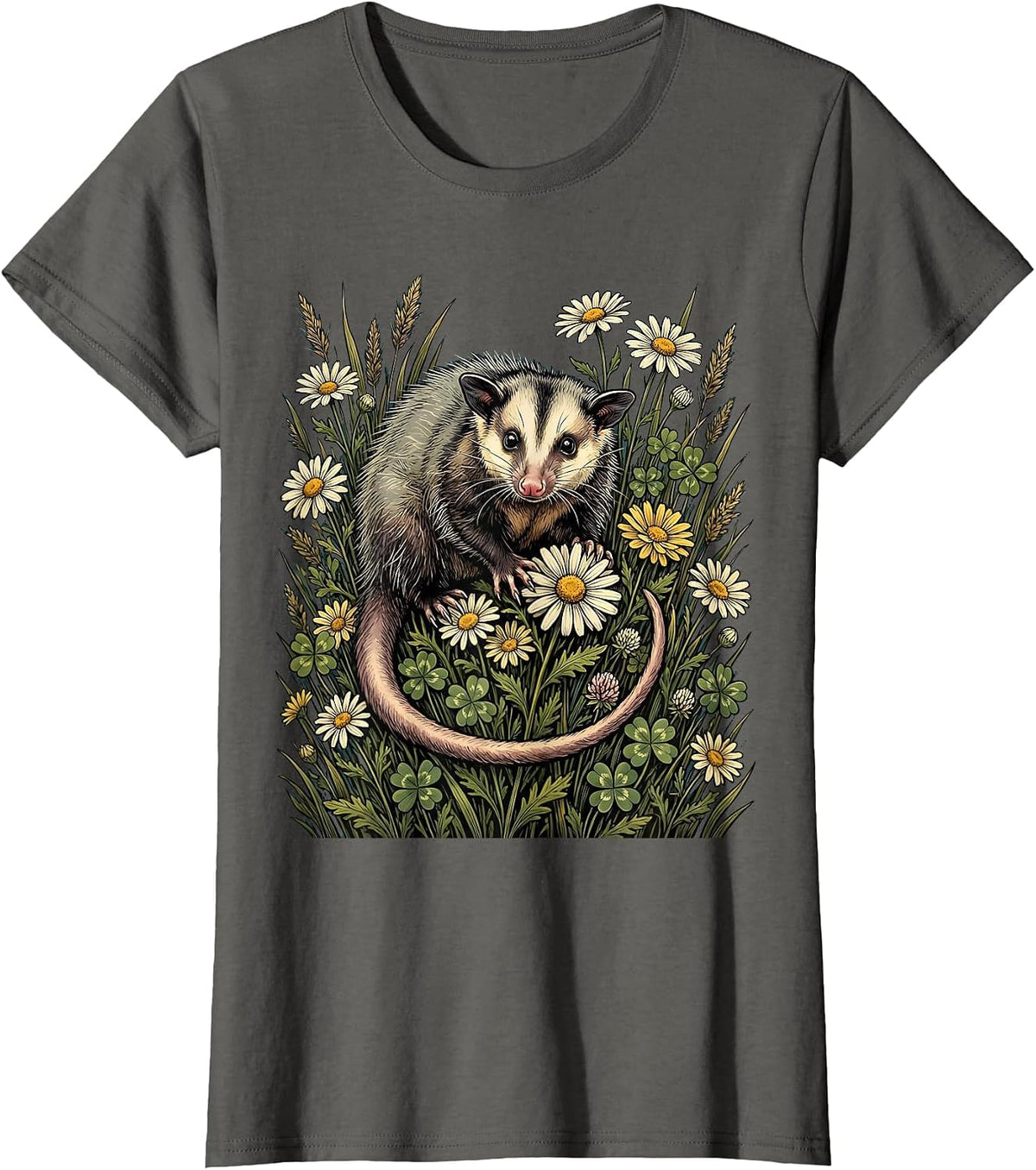 Women's Opossum in Wildflower Field Illustration T-Shirt - Asphalt Grey