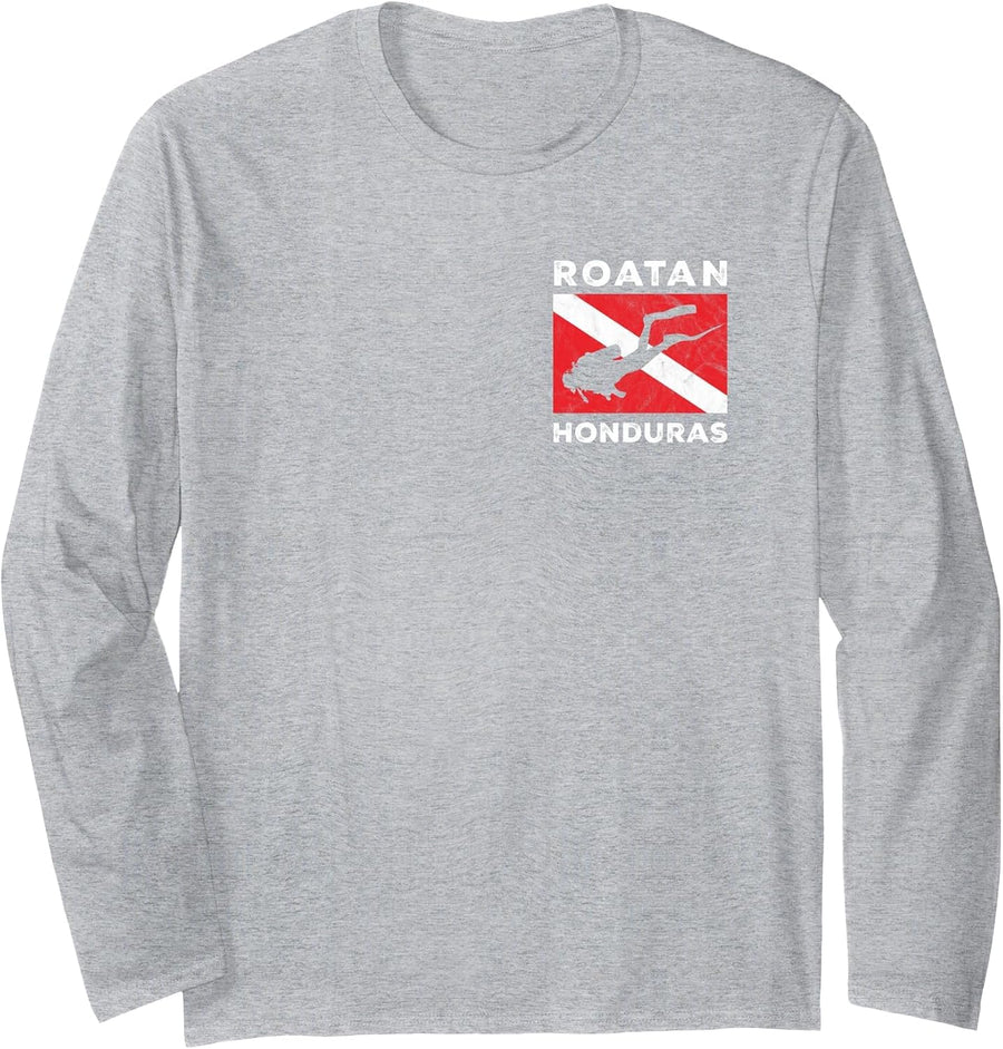 Retro Roatan Honduras Scuba Dive Vintage Dive Flag Diving Long Sleeve T-Shirt - Adult Unisex Heather Grey