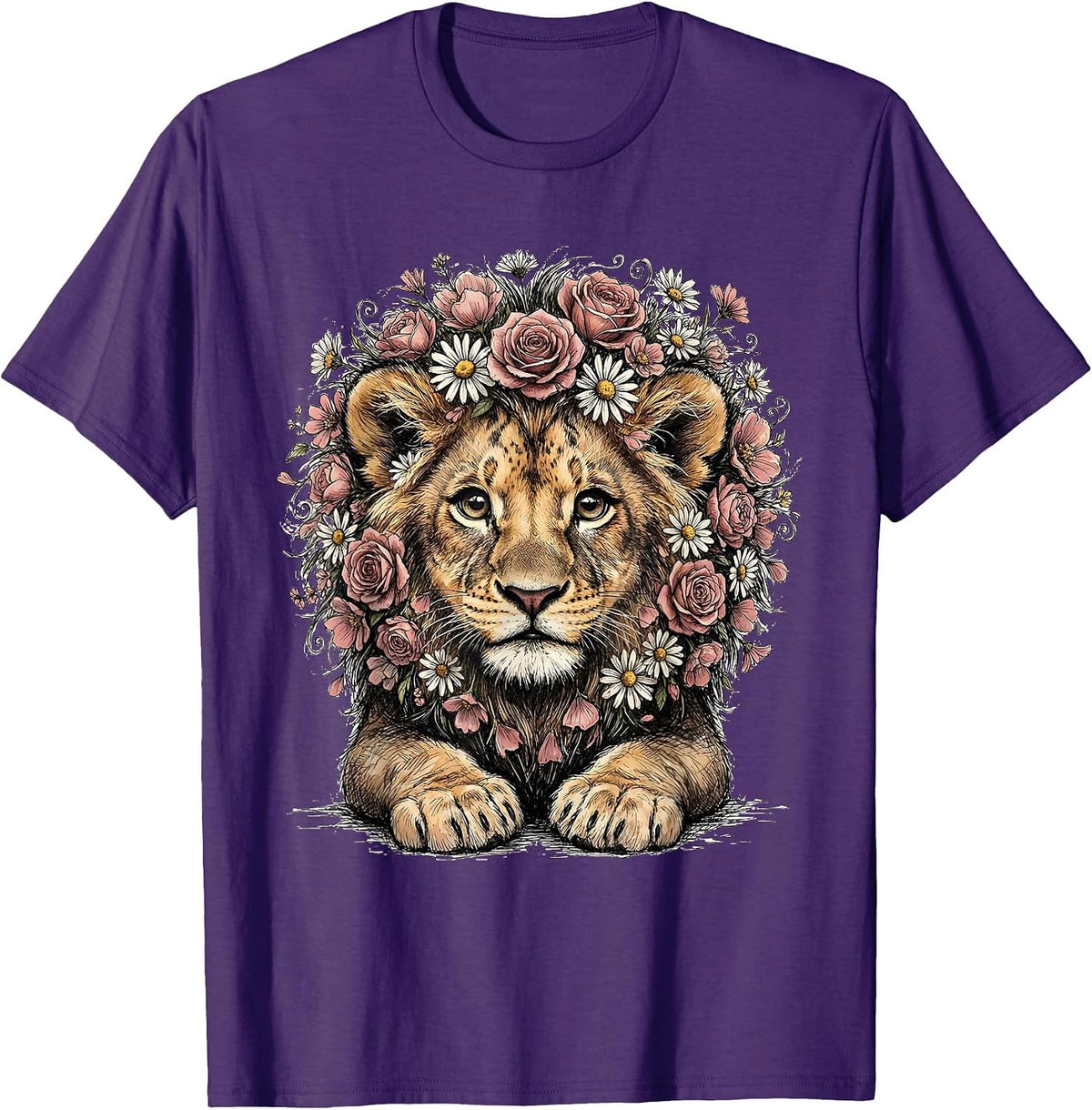Men's Kids Brave Lion Pink Flower Mane Cancer Awareness T-Shirt - Purple