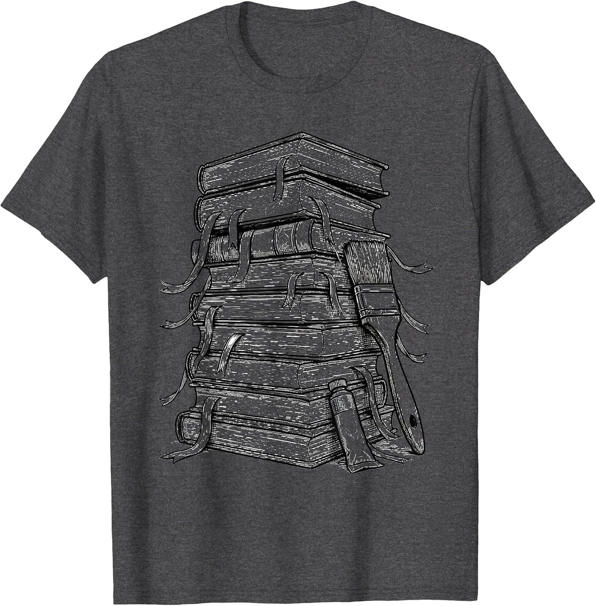 Men's Art Teacher Stacked Books Illustration Gift T-Shirt - Dark Heather Grey