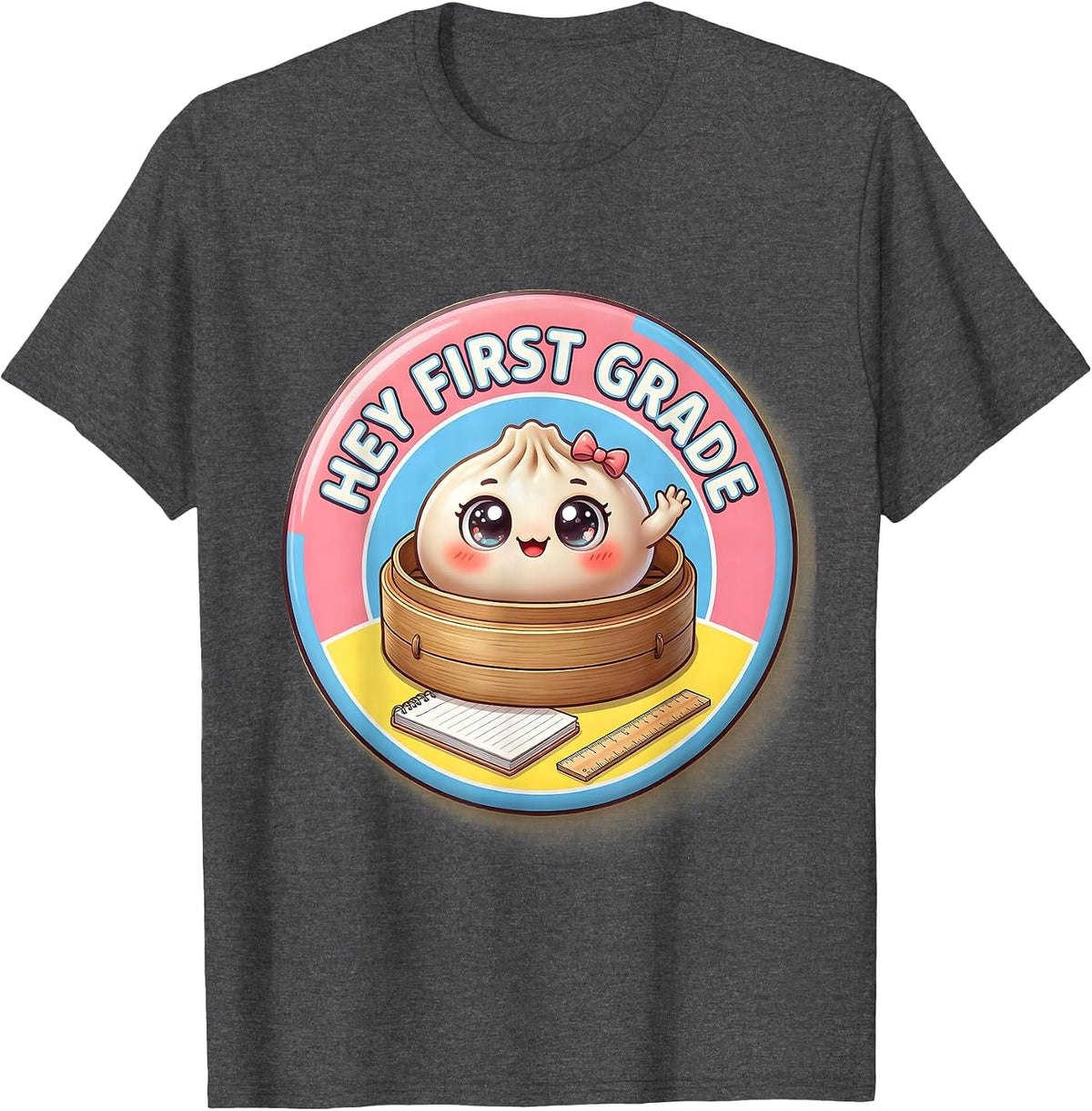 Hey First Grade Cute Dumpling Back to School Girl Teacher T-Shirt - Dark Heather Grey