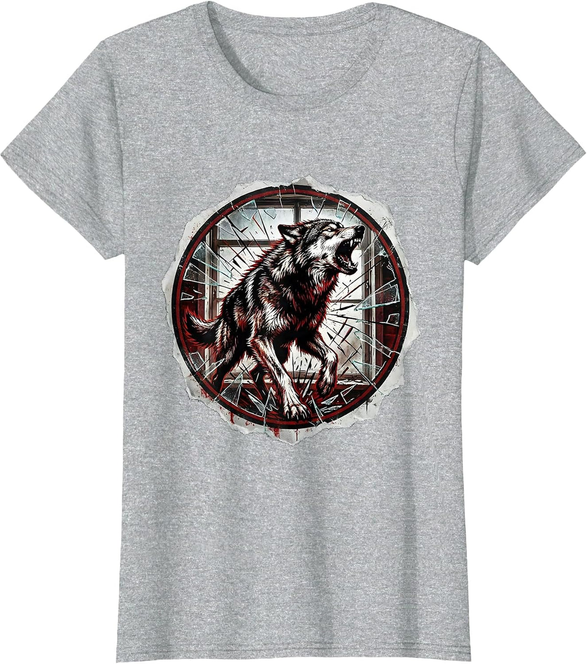 Grunge Wolf Howling Through Shattered Glass T-Shirt - Heather Grey