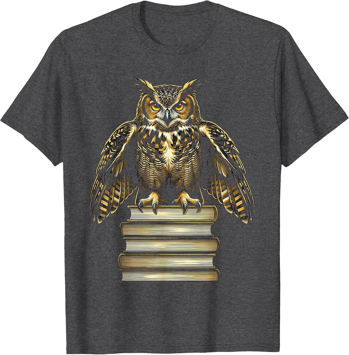 Vintage Librarian Owl Perched on Book Stack T-Shirt - Dark Heather Grey