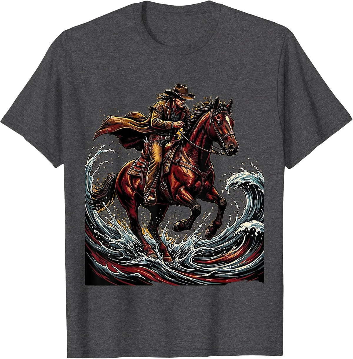 Cowboy Riding Hard Through River Splash T-Shirt - Dark Heather Grey