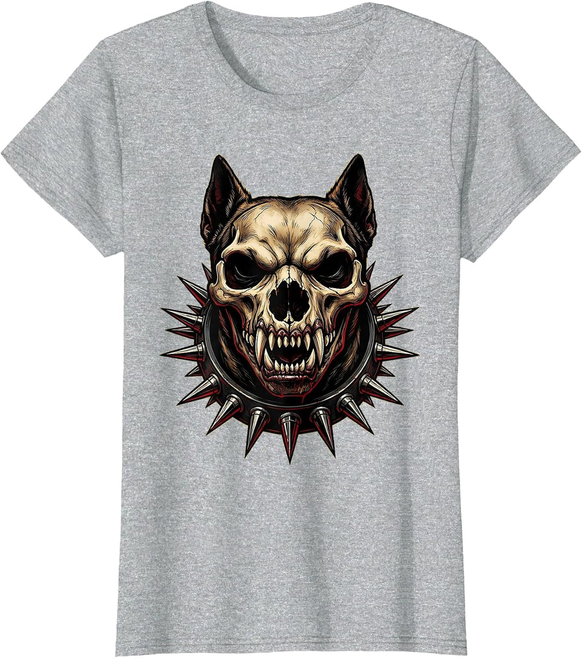 Punk Snarling Spiked Collar Dog Graphic T-Shirt - Heather Grey