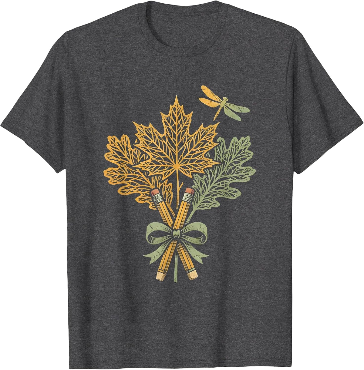 Fall Leaf Skeleton Pencil Art Teacher Design T-Shirt - Dark Heather Grey
