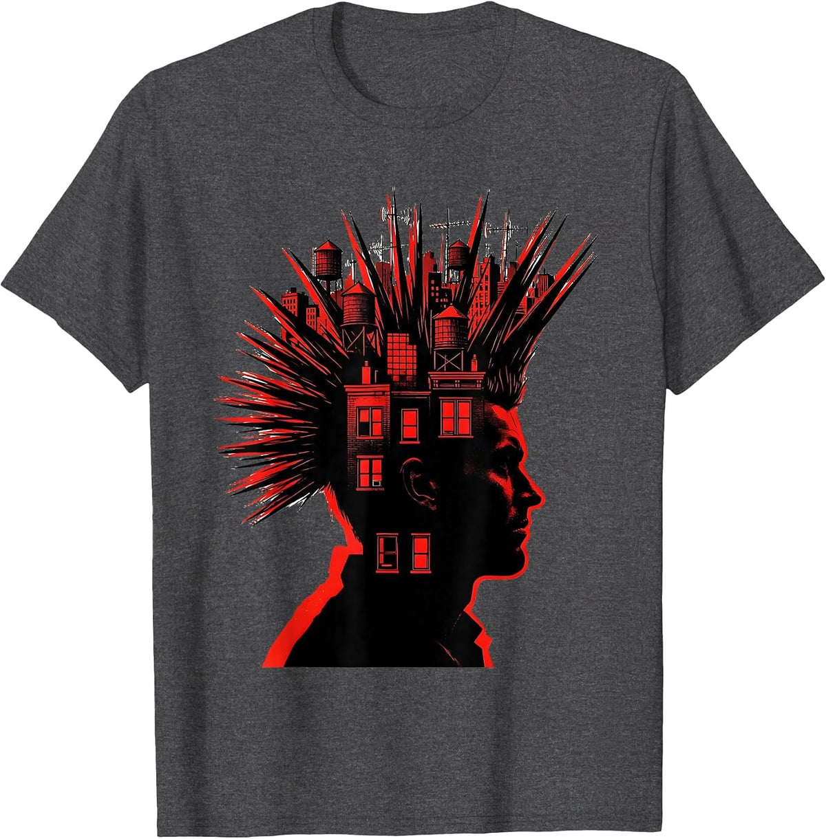 Punk Mohawk City Skyline Silhouette Design T-Shirt - Dark Heather Grey