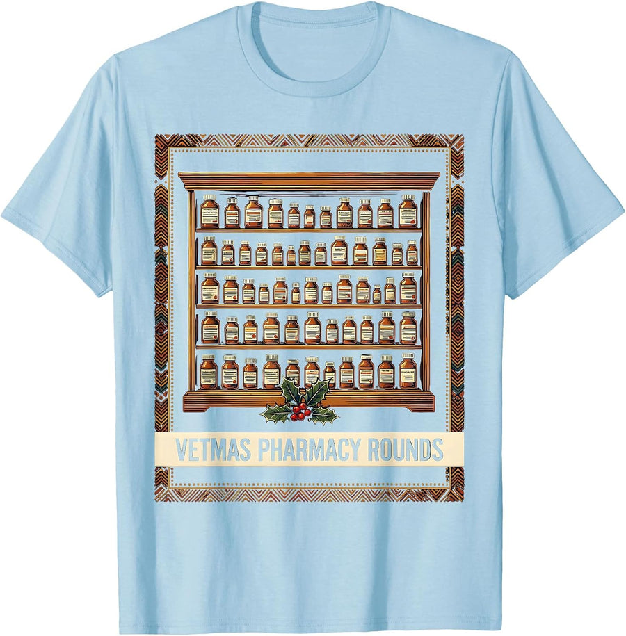 Men's Vetmas Pharmacy Rounds Folk Art Vet Tech Christmas Humor T-Shirt - Baby Blue