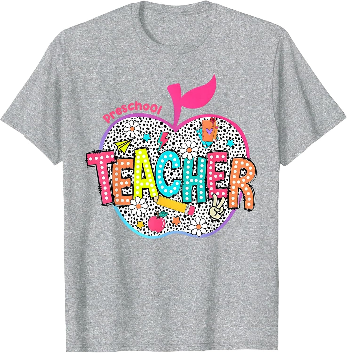 Preschool Teacher Flowers Retro Lightning Back to School T-Shirt - Heather Grey