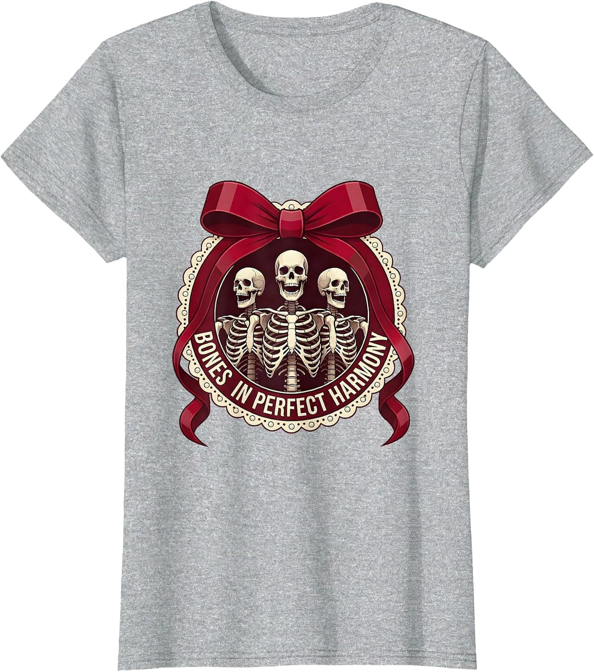 Women's Bones In Perfect Harmony Halloween Skeleton Choir T-Shirt - Heather Grey