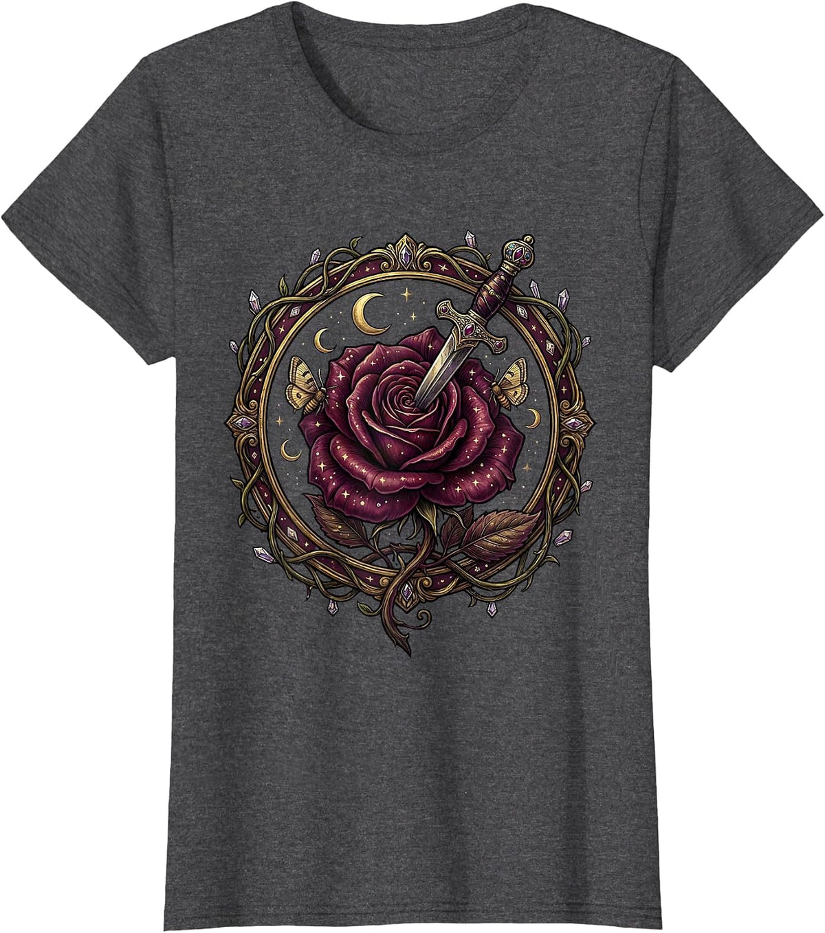 Women's Emo Dagger Wilting Flower Dark Aesthetic Graphic T-Shirt - Dark Heather Grey