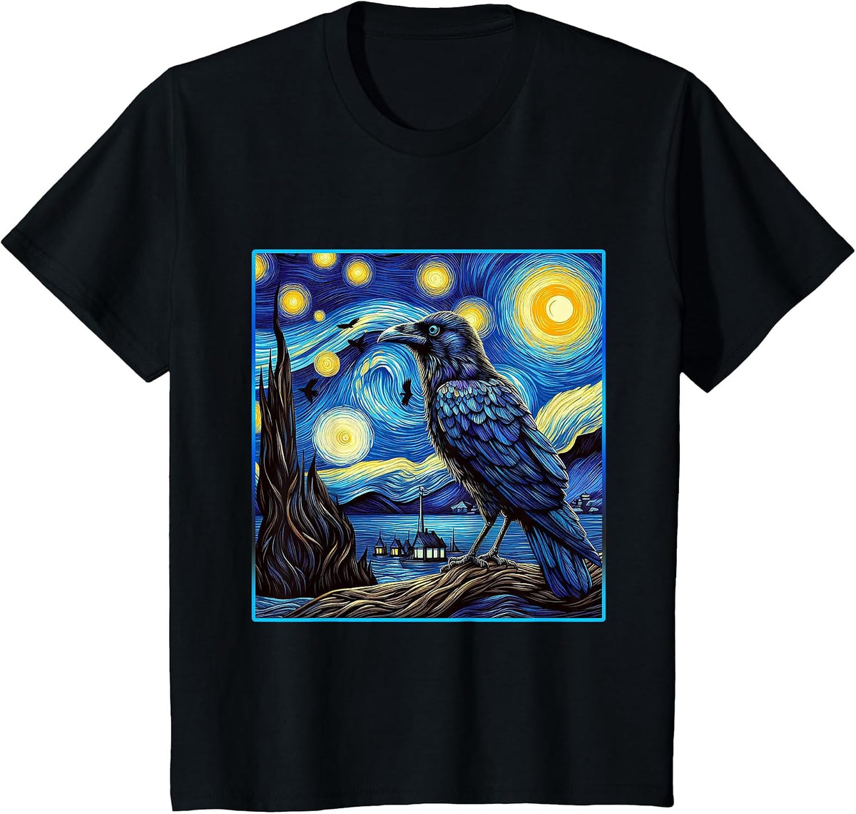 Raven Starry Night Shirt Van Gogh Painting Black Crow Lover T-Shirt - Black
