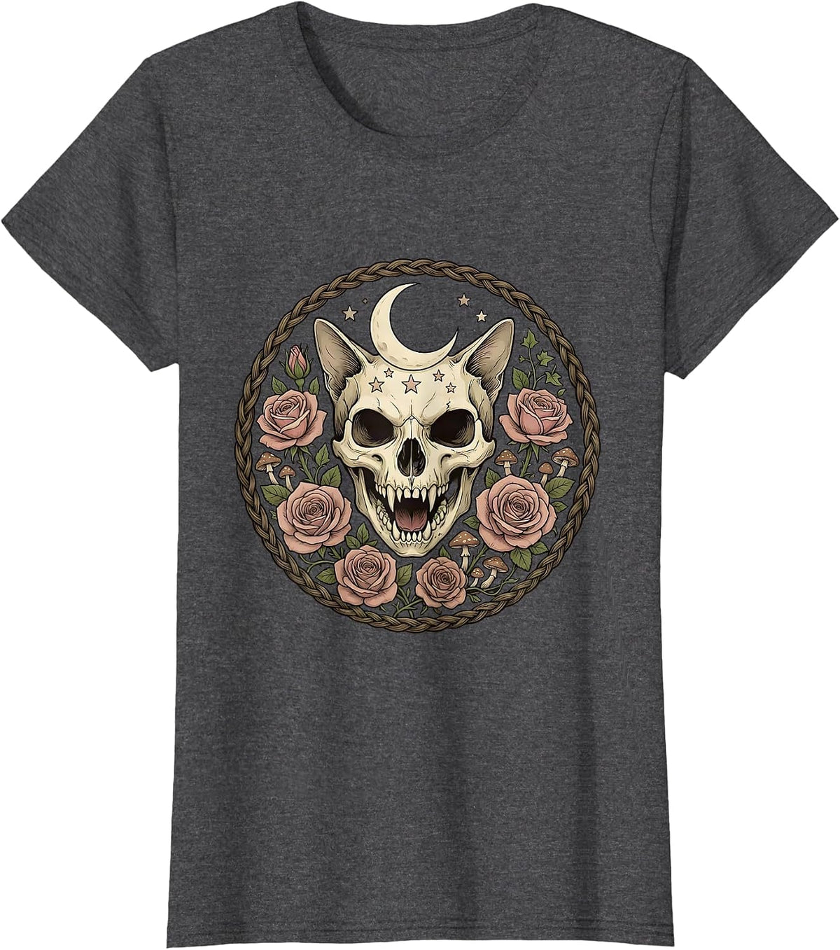 Women's Snarling Cat Skull With Roses Gothic Art T-Shirt - Dark Heather Grey