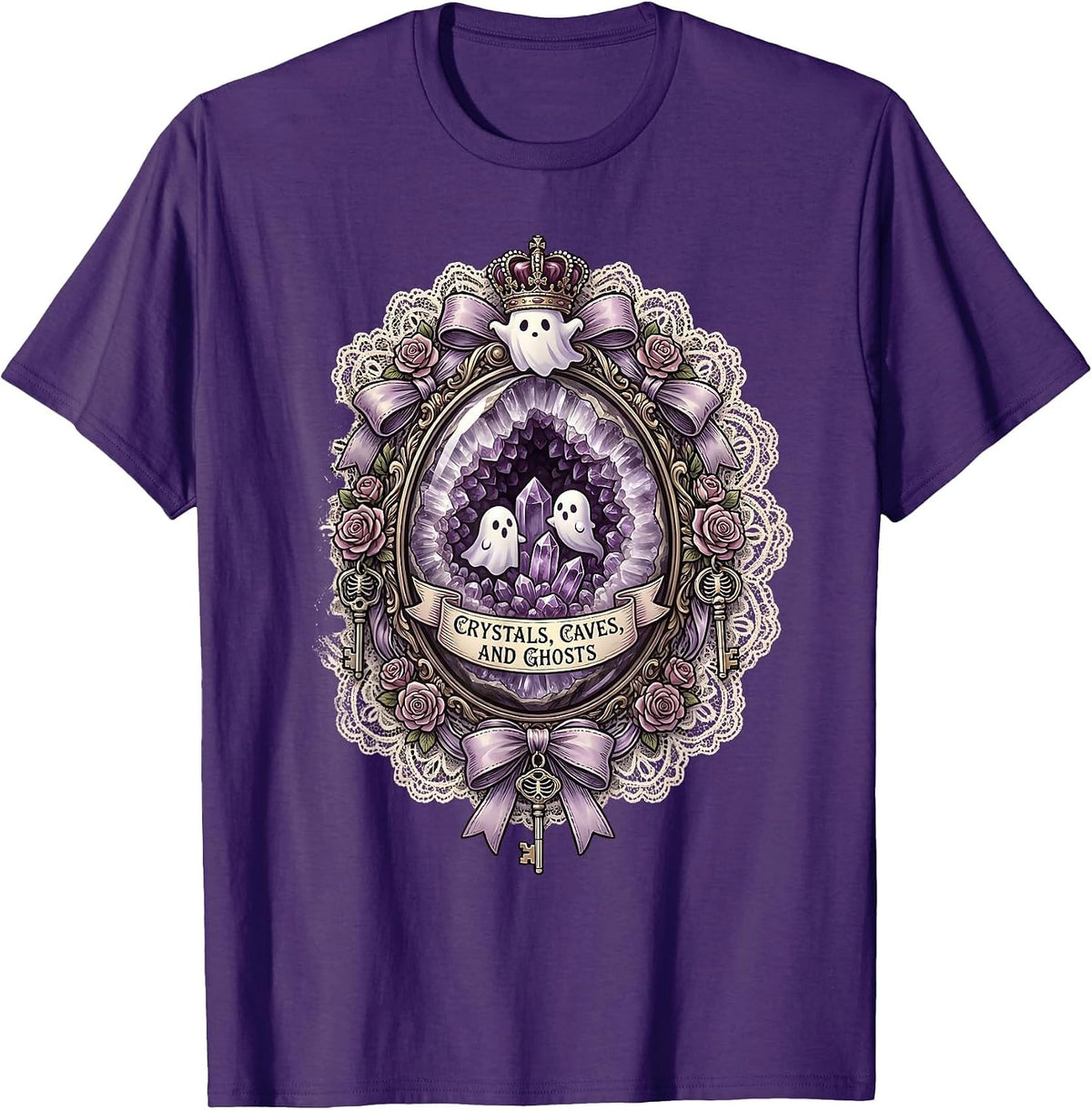 Halloween Ghost Cave Crystal Formation Design T-Shirt - Purple