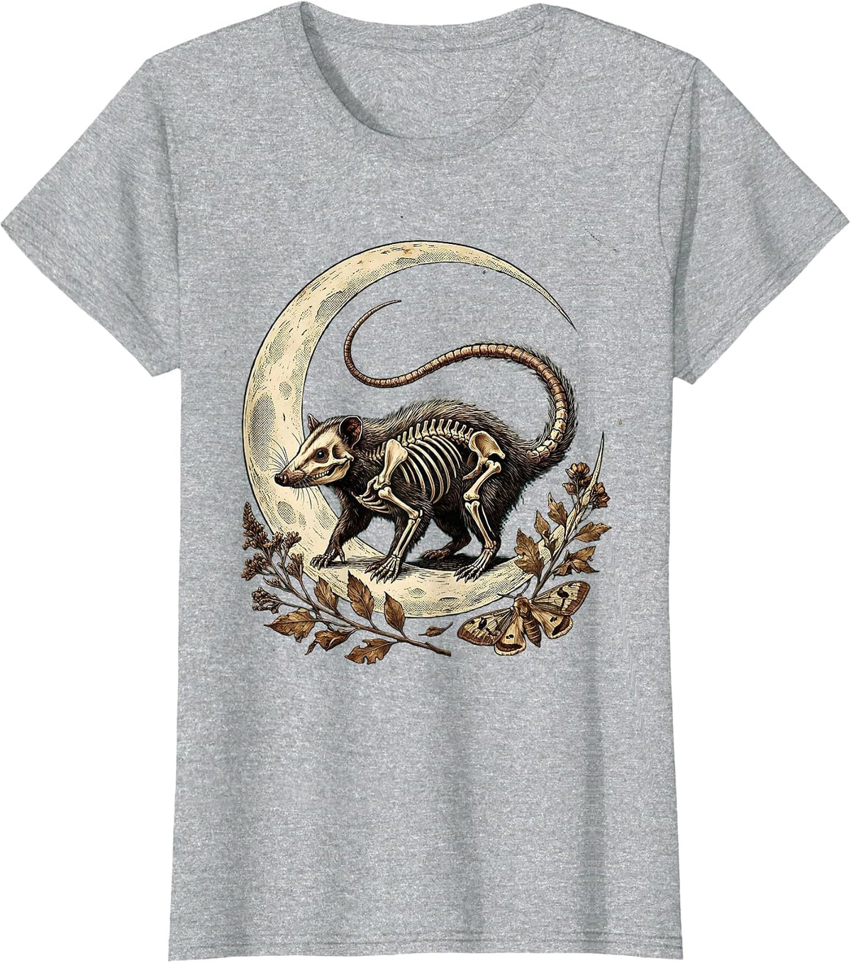 Skeleton Opossum Crescent Moon Gothic Night Art T-Shirt - Heather Grey