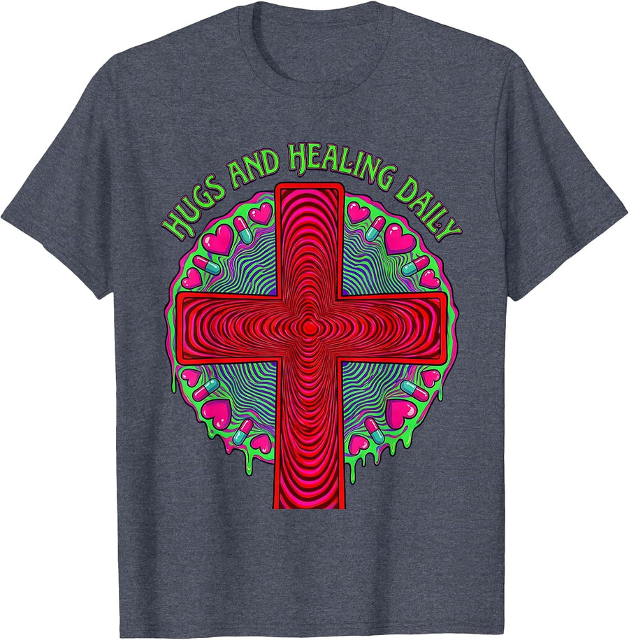 Hugs and Healing Daily School Nurse Design T-Shirt - Heather Blue