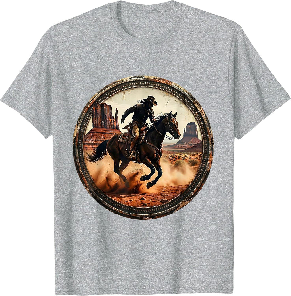 Men's Cowboy Riding Horse Through Canyon Dust T-Shirt - Heather Grey