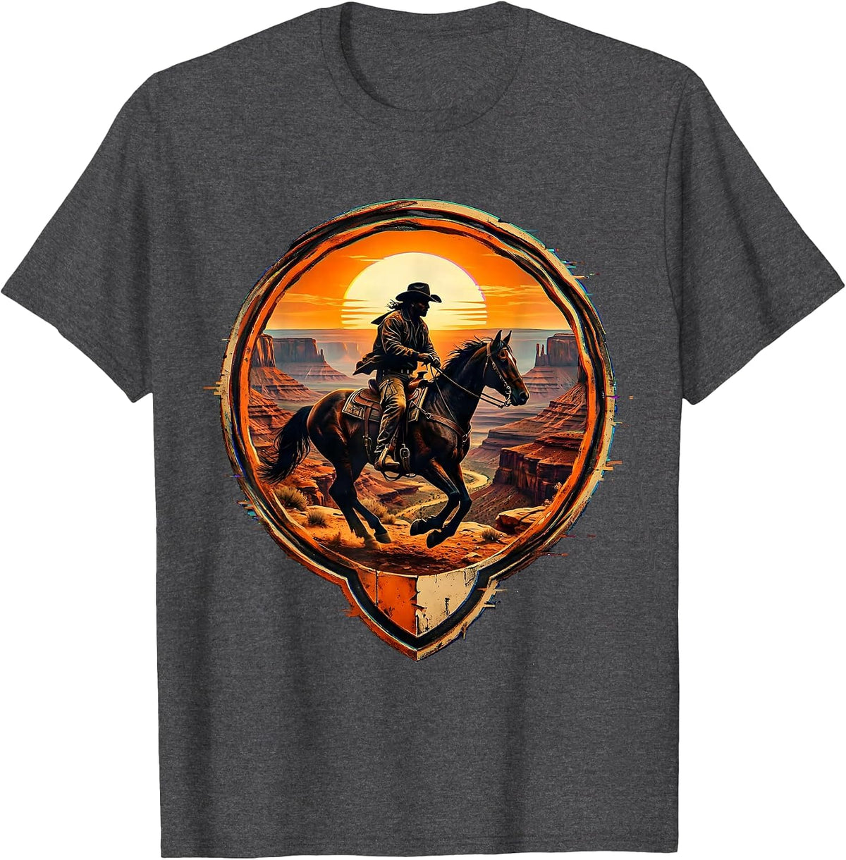 Cowboy Riding Horse Through Canyon at Sunset T-Shirt - Dark Heather Grey